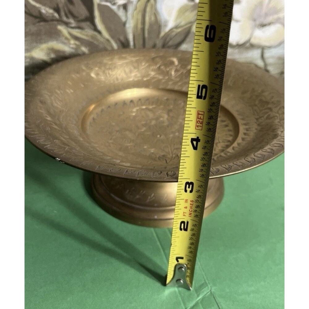 Vintage Solid Brass Pedestal Hand Painted Bowl Jewelry Candy Trinket Dish Footed - Picture 3 of 7